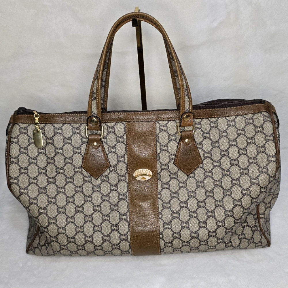 GUCCI GG Plus Canvas Boston Bag PVC Leather Beige